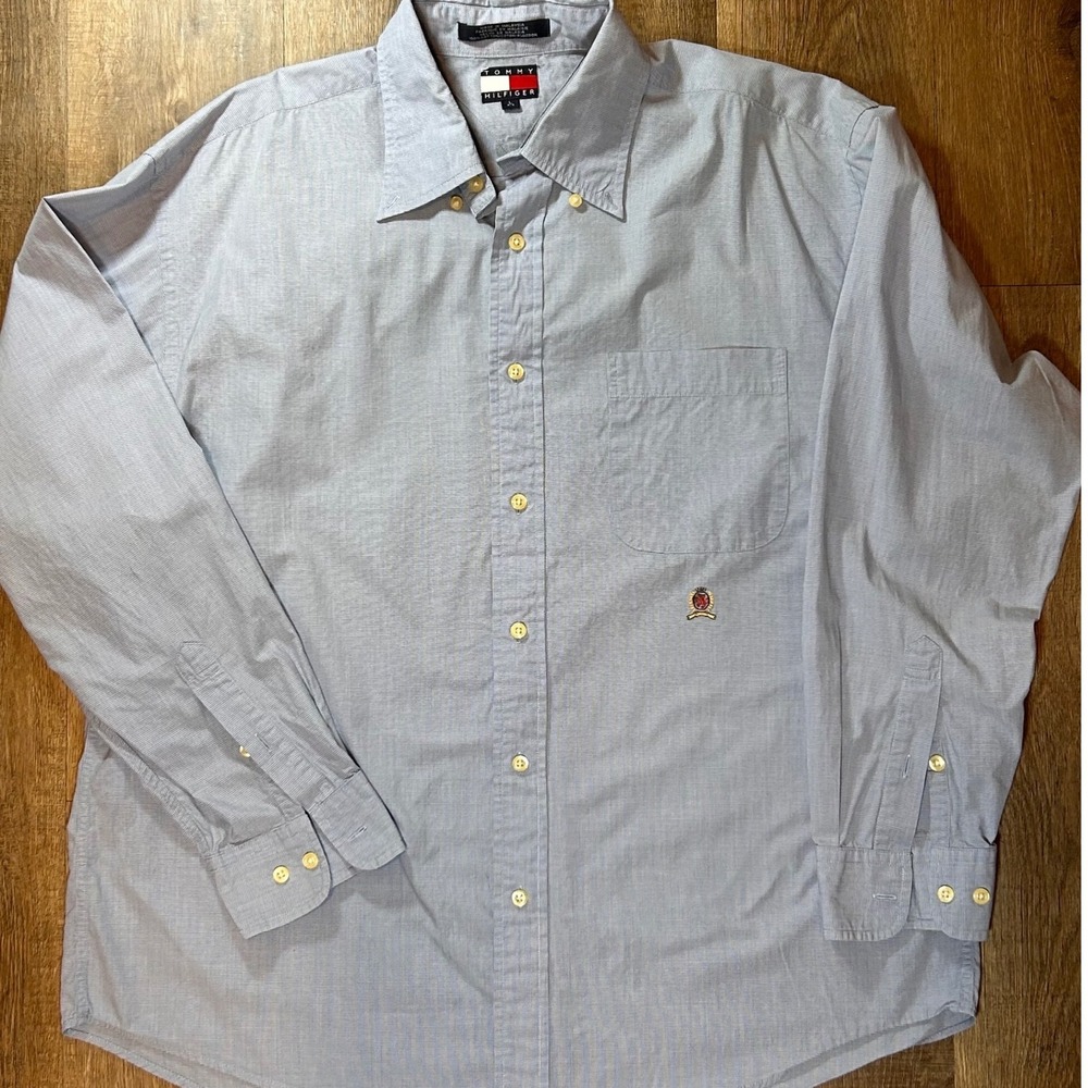 Vintage 90's Tommy Hilfiger Polo Mens LRG Blue Academia 100% Cotton Button Down